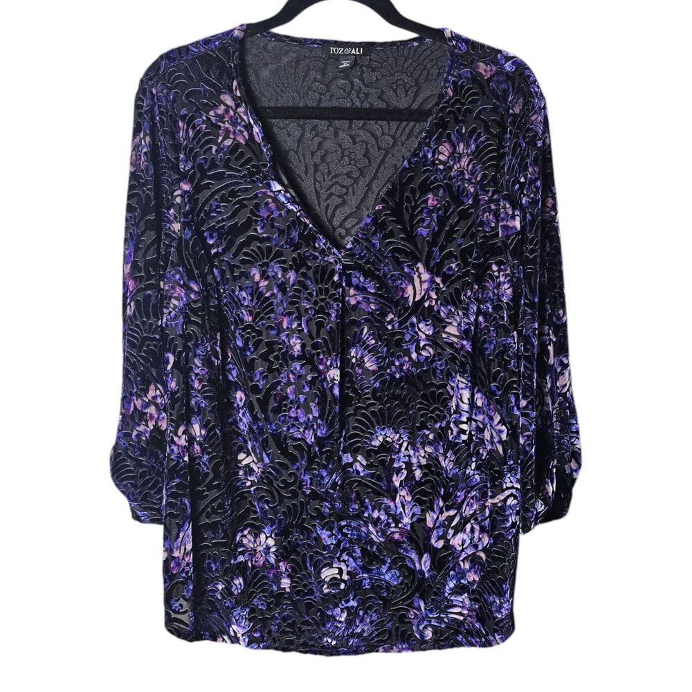Roz & Ali 1X Purple Burnout Velvet Top Floral 3/4 Sleeve Split Neck Whimsygoth ~